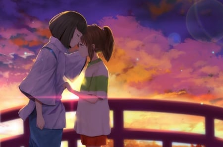 Night to Remember - pretty, ponytail, female, romantic, scene, romance, sunrise, night, light, happy, haku, sunray, nice, sunlight, ray, beauty, love, spirited away, sunset, anime, evening, long hair, dawn, short hair, gorgeous, smiling, anime couple, anime girl, beautiful, girl, lovely, brown hair, sweet, smile, pony tail, black hair, cloud, lover, couple