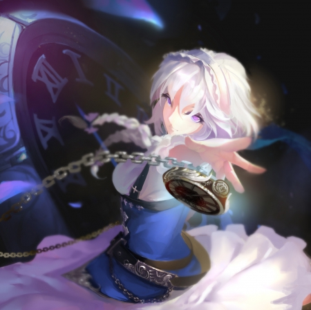 Watch Clock - look, beautiful, white hair, close up, anime girl, girl, closeup, looking, emotional, watch clock, izayoi sakuya, touhou, pretty, short hair, clock, beauty, chain, sweet, silver hair, anime, sinister, hd, cg, maid, nice, lovely, female