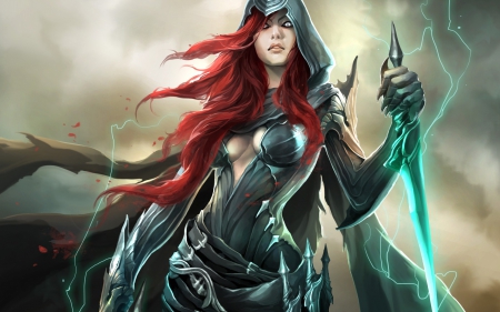 Fantasy girl - woman, redhead, girl, magical, fantasy, battlecraft online, game, green, sword