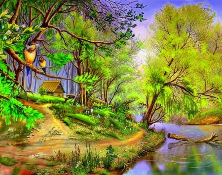 ✫Green Countryside✫ - panoramic view, birds, summer, attractions in dreams, scenery, rivers, creative pre-made, stunning, countryside, landscapes, urban, trees, beautiful, paintings, colors, nature, green, bright, cottages, love four seasons, rural