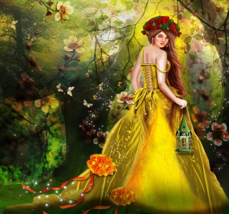 ~The Yellow Lady's Cage~ - pretty, yellow, creative pre-made, dress, photomanipulation, flowers, beautiful girls, cage, butterfly designs, softness beauty, backgrounds, digital art, models, weird things people wear, lovely, girls, fantasy, lady, love four seasons