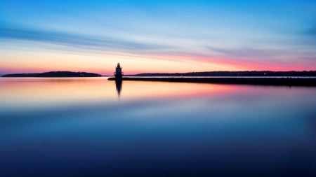 lighthouse in a peaceful dawn - harbor, lighthouse, dawn, wharf