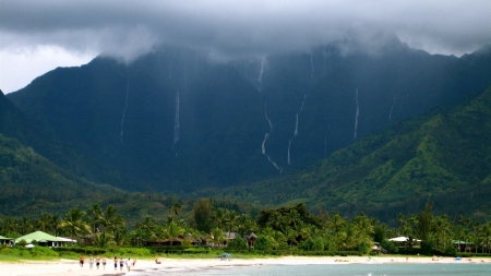 gorgeous mountains above hanalei bay hawaii - clouds, waterfalls, tropical, beach, mountains, bay