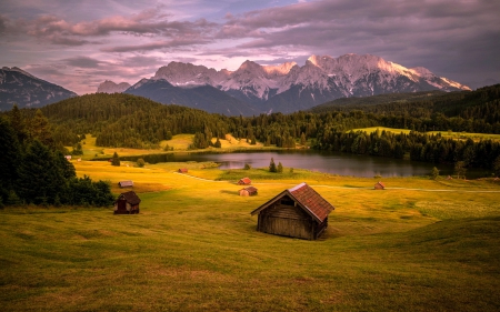 Houses near mountain lake - rocks, landscape, beautiful, village, hills, peaceful, cottages, lake, sky, houses, view, lovely, mountain