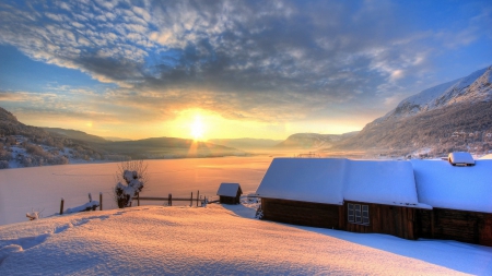 superb winterscape - lake, mountains, winter, clouds, sunset, cabin