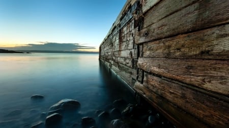 lake pier at dusk - wood, lake, pier, dusk