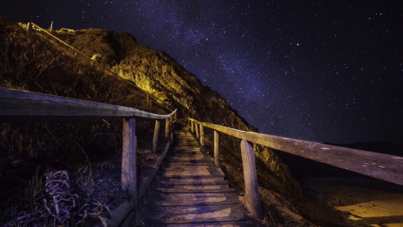 stairway to heaven - stairs, rails, night, stars, mountain, sky