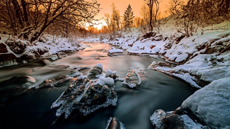 ice crystals in a winter river at sunset - ice, river, winter, sunset, rocks