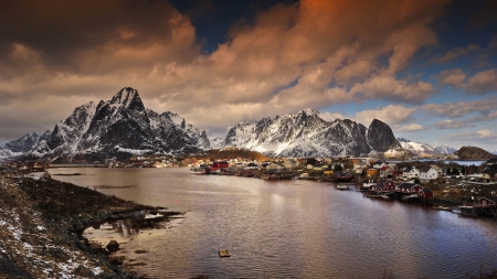 wonderful norwegian bayside village - village, clouds, winter, mountains, bay