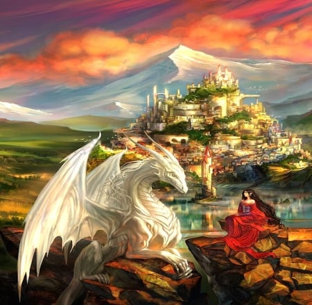 Princess and white dragon - fairytale, pretty, beautiful, girl, lady, lovely, dragon, castle, dream, nature, color