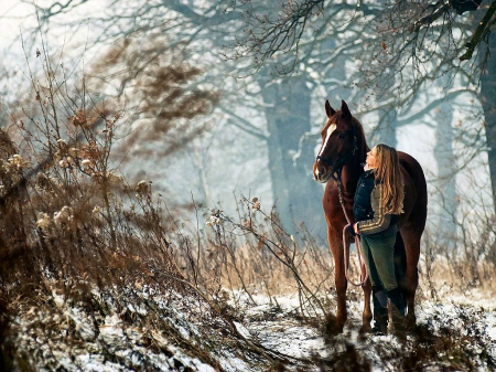 Cowgirl And Her Beauty - fun, style, westerns, female, trees, cowgirls, outdoors, horses, woods, ranch