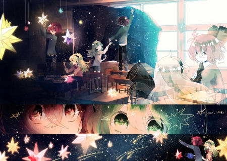 Classroom Planetarium - planets, stars, anime friends, planetarium, anime girl, space, anime guy, classroom, anime, friends