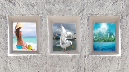 Through the windows... - tropic island, summer, beach, windows, girl, sea, boats, view, seagull, port, wall