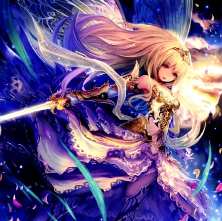 Bahamut - pretty, anime, female, warrior, blonde, great, blond hair, long hair, armor, splendid, blond, hd, weapon, nice, anime girl, realistic, serious, beautiful, girl, sword, blonde hair, beauty, lovely, sweet, blade, cg, wonderful, sinister, awesome, good