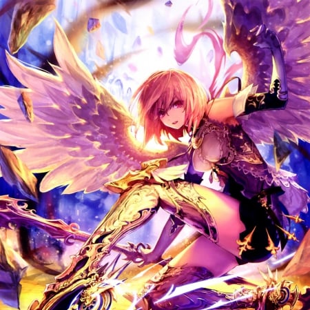 Bahamut - realistic, nice, female, hot, angel, wings, anime girl, armor, gorgeous, pretty, anime, feather, beauyt, short hair, splendid, sexy, girl, warrior, lovely, cg, hd, wing, beautiful, sweet