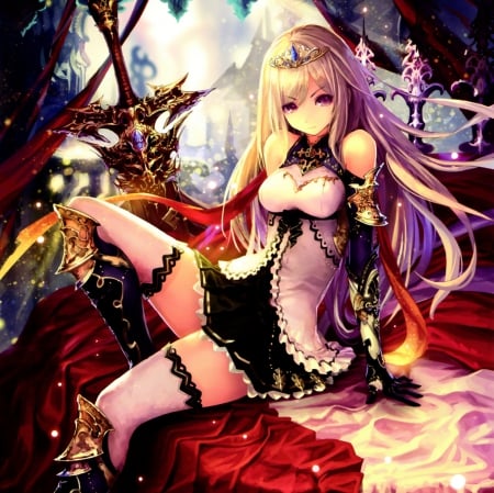 Bahamut - pretty, anime, tiara, female, crown, dress, blonde, blond hair, long hair, armor, splendid, gorgeous, blond, hd, sit, princess, nice, sitting, anime girl, realistic, royalty, beautiful, hot, girl, blonde hair, beauty, lovely, sweet, onderful, cg, awesome, sexy