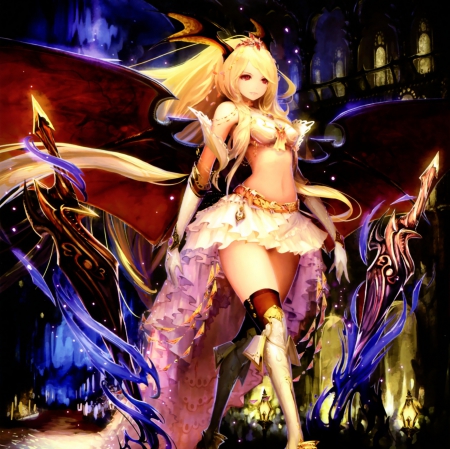 Succubus - nice, realistic, beauty, female, hot, blond, standing, wings, anime girl, blond hair, gorgeous, pretty, blonde hair, walk, anime, sexy, girl, long hair, walking, lovely, cg, hd, wing, beautiful, succubus, sweet, blonde