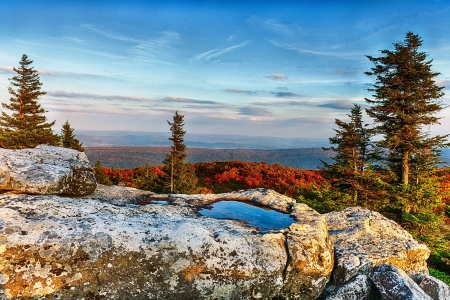 Wilderness Sunset - valley, sky, autumn, trees, water, sunset, mountains, rocks, beautiful, clouds