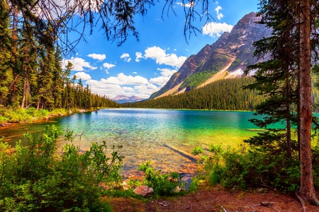 Boom Lake, Banff National Park - lake, trees, summer, crystal clear water, mountains, forest, clouds, beautiful, canada