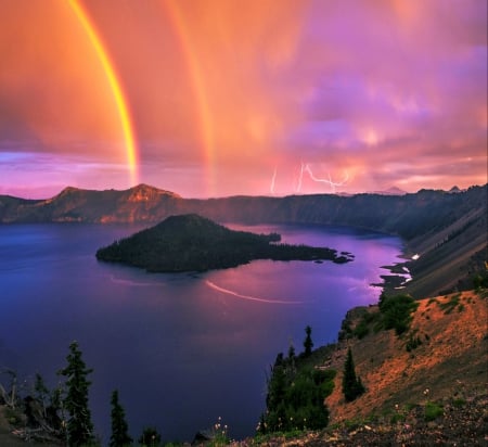 Rainbow   Lightning - storm, clouds, trees, beautiful, island, sunset, rainbow, Crater Lake, rain, lightning, sky