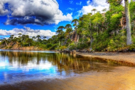 La Mula Lagoon, BioBio Highs - clouds, trees, lagoon, beach, beautiful, lakeside, reflection, lake, Chile, sky