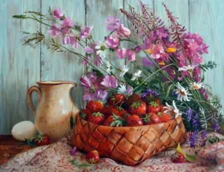 Still life - flowers, basket, still life, painting