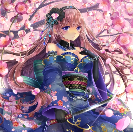 Blossom Katana - pretty, anime, yulata, female, blossom, pink, long hair, katana, hd, weapon, nice, anime girl, sakura, cherry blossom, beautiful, girl, sword, beauty, kimono, lovely, sakura blossom, sweet, flower, petals, blade, cg, floral