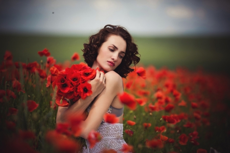 Beauty - poppies, woman, beauty, field, bouquet