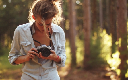 Blonde - girl, camera, blonde, shirt