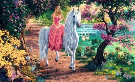 The secret trail - pretty, summer, spring, magical, flowers, swans, trail, secret, garden, lake, paradise, enchanted, unicorn, art, blooms, trees, beautiful, pond, fantasy, painting, ride, park