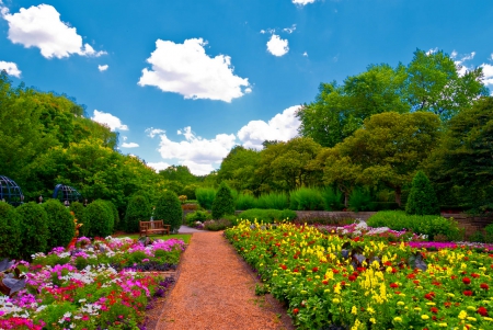 Beautiful park - greenery, pretty, trees, summer, beautiful, lovely, walk, alleys, rest, flowers, colorful, nature, garden, bench, sky, park