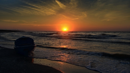 Alone... - beach, boat, waves, sunrise, sand