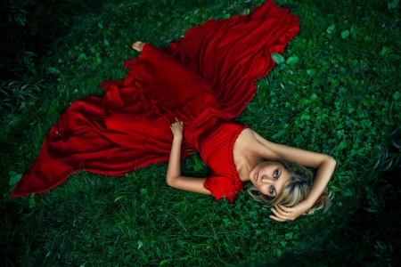 â¤ - beauty, princess, lawn, red dress, blonde hair, grass, elegant, relaxed