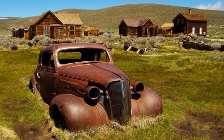 abandoned car in an abandoned town - village, car, grass, rust, abandoned