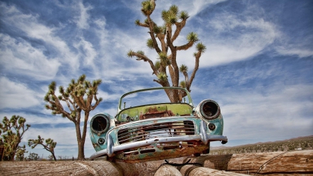 car skeleton in the desert hdr - skeleton, car, clouds, desert, trees, hdr, logs