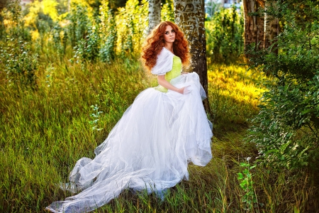 Bride - beauty, redhead, in forest, portrait, femininity, bride