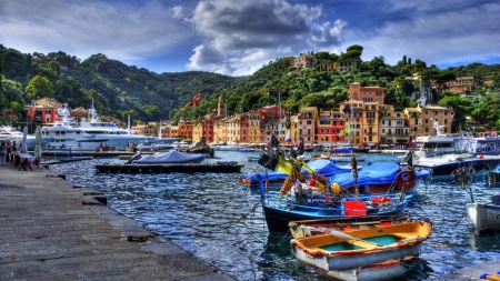 boat harbor in a lovely seaside italian town hdr - hill, boats, town, clouds, harbor, hdr, docks