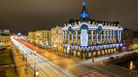 street lit up at night in st petersburg russia - street, lights, city, holidays, night