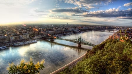 fantastic panoramic view of budapest hungary hdr - river, bridges, view, panorama, hdr, city