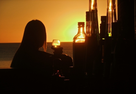 Relaxing Sunset - woman, bottles, sunset, wine