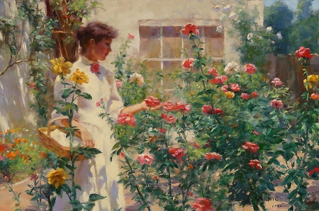 Painting - roses, flowers, woman, painting