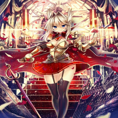 The rose guardian! - animme, female, swords, magic, knight, anime girl, rose, fantasy, armor, glowing, blonde hair, cool, game, petals, anime, sword, skirt, ponytail, blue eyes, light, magical, long hair, fighter, game cg, fight, weapon, blush, awesome, smile, lights, flower