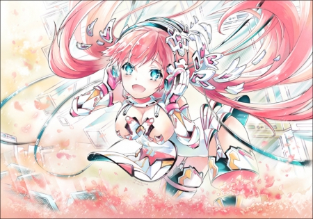 Game goddess! - blush, cherry blossoms, song, goddess, worlg, singer, cool, awesome, flowers, anime, lgihts, petals, game c, glowing, female, blue eyes, cute, beautiful, anime gir l, pink hair, light, agme, sex, pretty, beauty, sweet, twintails, dress, long hair, nice, smile, cherry blosms, music