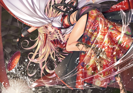 Beautiful demon - cute, beautiful, game, anime girl, fight, fantas, red eyes, fantasy, rpetty, blonde hair, magic, diabolik, demon, pretty, cool, beauty, awesome, sweet, anime, kantai collection, game cg, long hair, nice, sexy, smile, kimono, female, horn