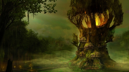 Elves tree village - above, ground, high, lights