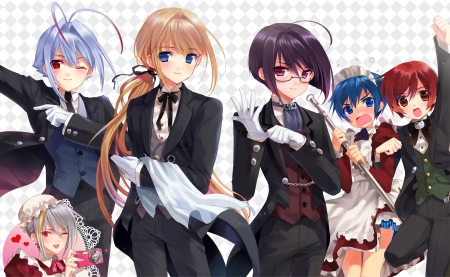 Cherry Girls - shizuka, brothers, tomo, maid outfit, maids, cherry girls, anime guys, anime, transgender, rio, butler outfit, anime girls, crossdressing, blue hair, yuki, otoko no ko wa maid fuku ga osuki, blonde, nao