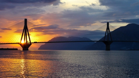 wonderful sunset over a modern bay bridge - clouds, sunset, modern, bridge, bay