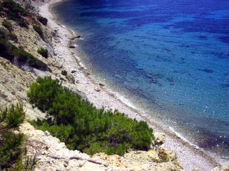 Beach - summer, pebbles, clear, rocks, beautiful, beach, ocean, blue, sand, view, beaches, photography, trees, nature, sunshine