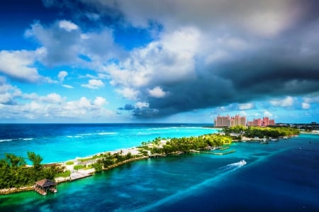 Caribbean Island - ocean, beach, sky, boats, bahamas, trees, summer, tropical, hotel, piers, clouds, beautiful, city