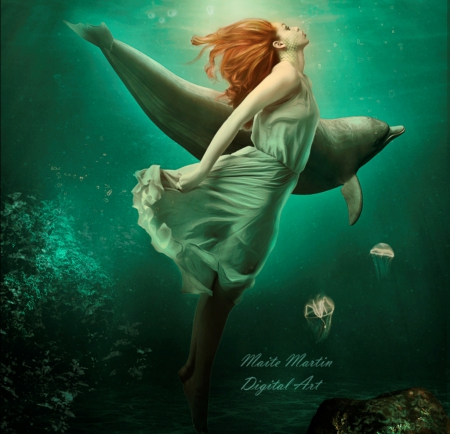 Underwater - dolphin, lady, fantasy, underwater